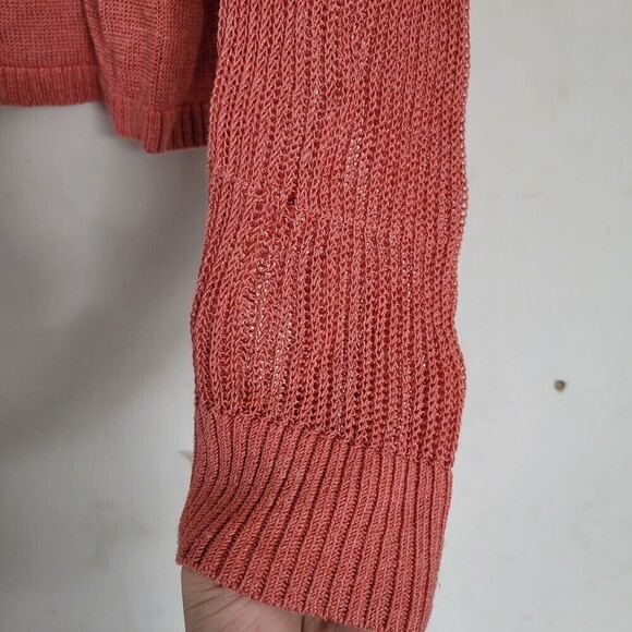 LOFT Linen Open Knit Coral Peach Open Front Long Sleeve Cardigan Sweater Large - Picture 7 of 12